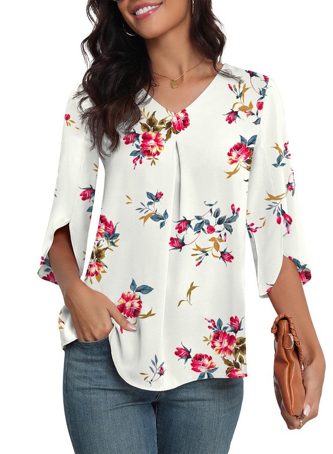 LAOLASI Womens Summer Clothes Elegant 3/4 Sleeve V Neck Chiffon Blouses for Women Casual Flowy Tops Shirts,Floral White,XXL - Image 3